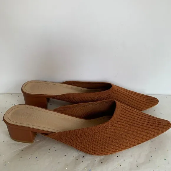 Tijn Helka Brown Orange Ribbed Pointed Toe Block Heel Mules - Size 10 Knit Poly