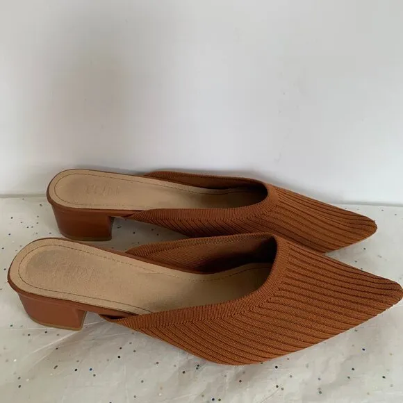 Tijn Helka Brown Orange Ribbed Pointed Toe Block Heel Mules - Size 10 Knit Poly