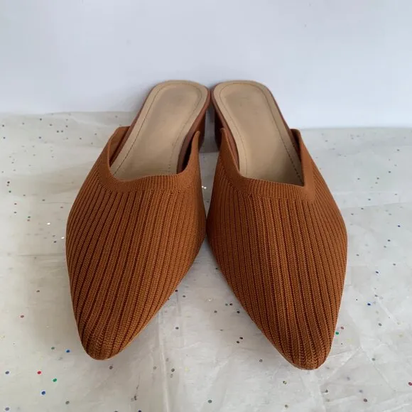 Tijn Helka Brown Orange Ribbed Pointed Toe Block Heel Mules - Size 10 Knit Poly