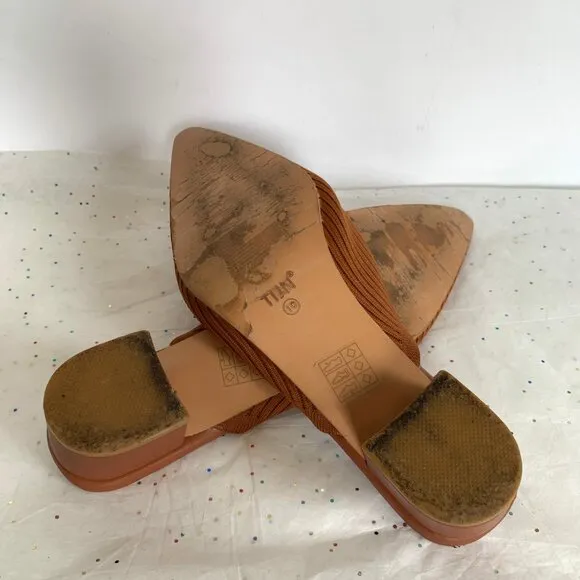 Tijn Helka Brown Orange Ribbed Pointed Toe Block Heel Mules - Size 10 Knit Poly