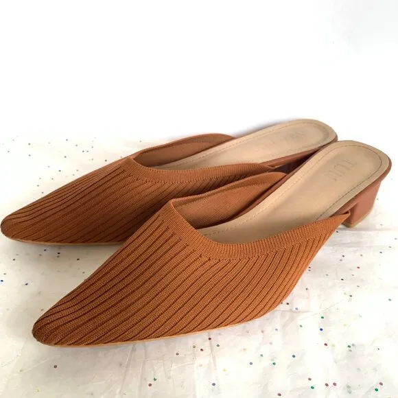 Tijn Helka Brown Orange Ribbed Pointed Toe Block Heel Mules - Size 10 Knit Poly