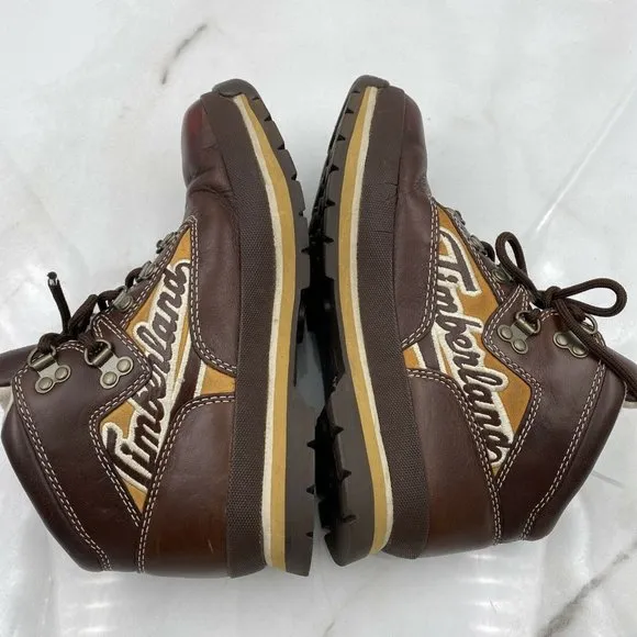 Timberland Euro Hiker Brown Retro Leather Boots Spellout Women’s Sz 5.5 Yth 4.5