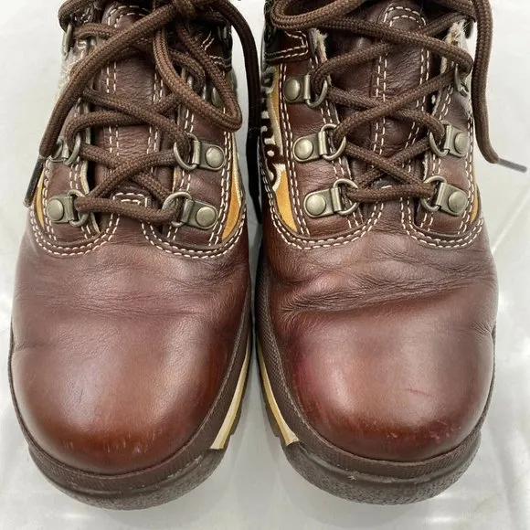 Timberland Euro Hiker Brown Retro Leather Boots Spellout Women’s Sz 5.5 Yth 4.5