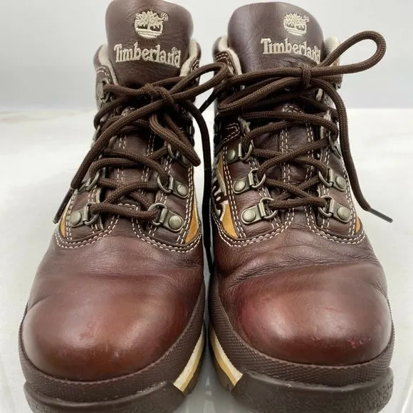 Timberland Euro Hiker Brown Retro Leather Boots Spellout Women’s Sz 5.5 Yth 4.5