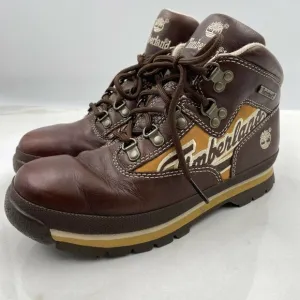 Timberland Euro Hiker Brown Retro Leather Boots Spellout Women’s Sz 5.5 Yth 4.5