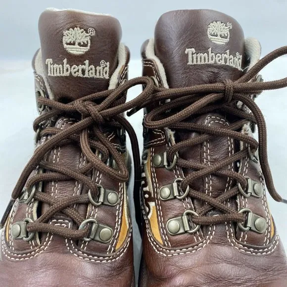Timberland Euro Hiker Brown Retro Leather Boots Spellout Women’s Sz 5.5 Yth 4.5