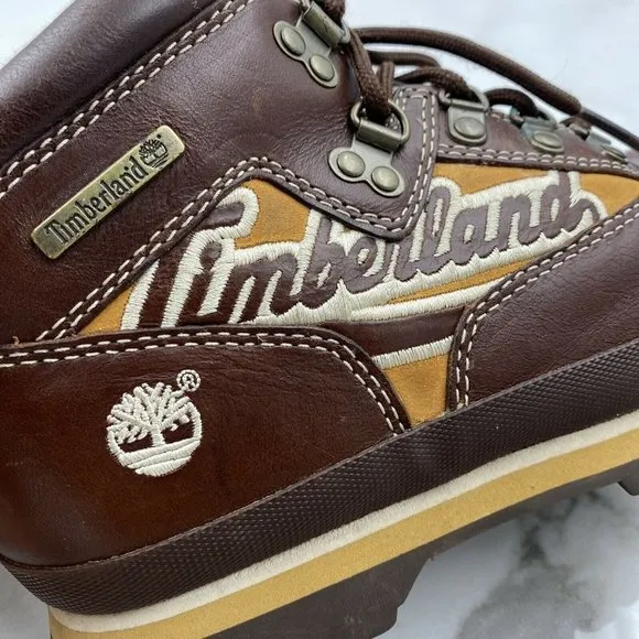 Timberland Euro Hiker Brown Retro Leather Boots Spellout Women’s Sz 5.5 Yth 4.5