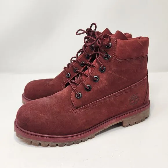 Timberland Junior 6 Inch Waterproof Boots Size 6 Burgundy Nubuck Leather Lace Up