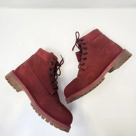 Timberland Junior 6 Inch Waterproof Boots Size 6 Burgundy Nubuck Leather Lace Up