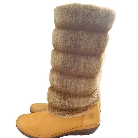 Timberland Kickadila‎ Wheat Nubuck Leather &amp; Faux Fur Tall Boots  — SZ 9 EUC