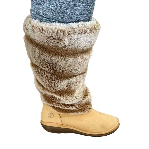 Timberland Kickadila‎ Wheat Nubuck Leather &amp; Faux Fur Tall Boots  — SZ 9 EUC