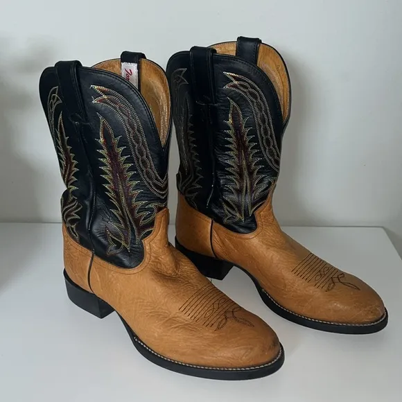 Tony Lama Brown/Black Leather Western Cowboy Boots Size‎ 9.5 EE (Triple Wide)