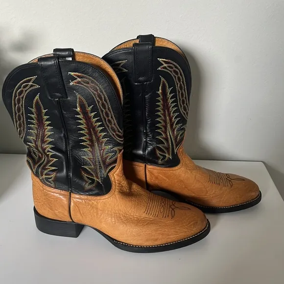 Tony Lama Brown/Black Leather Western Cowboy Boots Size‎ 9.5 EE (Triple Wide)