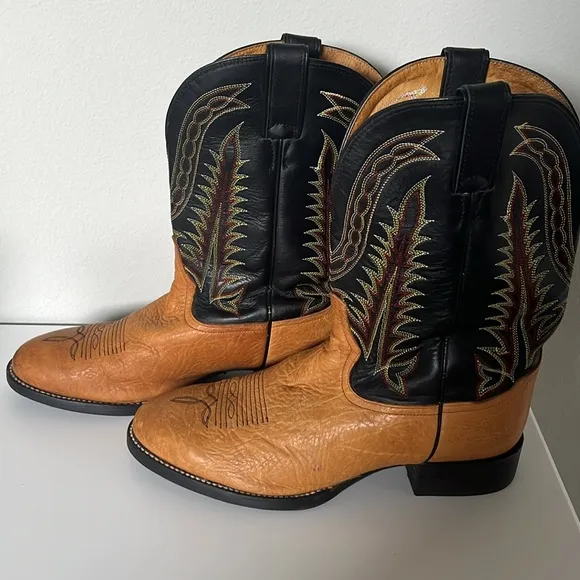 Tony Lama Brown/Black Leather Western Cowboy Boots Size‎ 9.5 EE (Triple Wide)