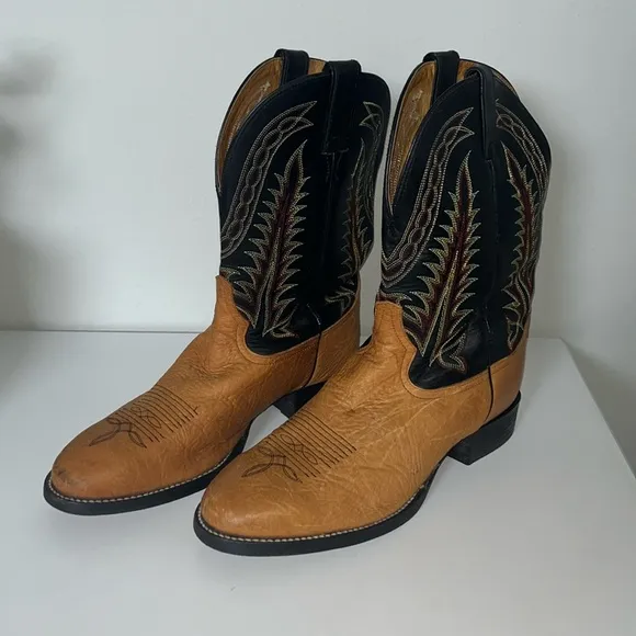 Tony Lama Brown/Black Leather Western Cowboy Boots Size‎ 9.5 EE (Triple Wide)