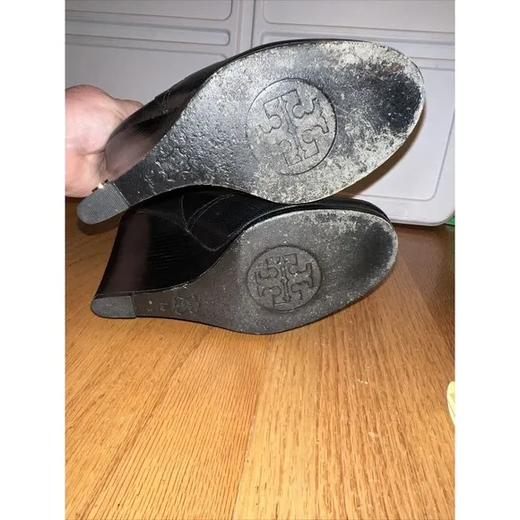 Tory Burch Ankle Boots Milan Wedge Black Women's Size 7M Gold Logo.