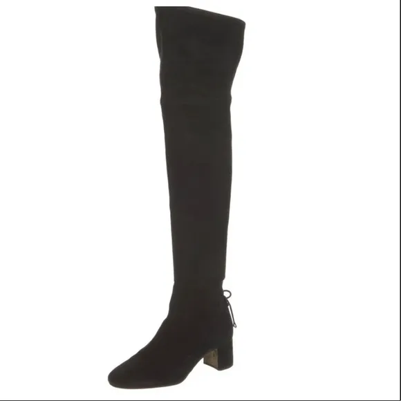 Tory Burch Black Laila Suede Bow Gold Reva Zip Over The Knee Boots
