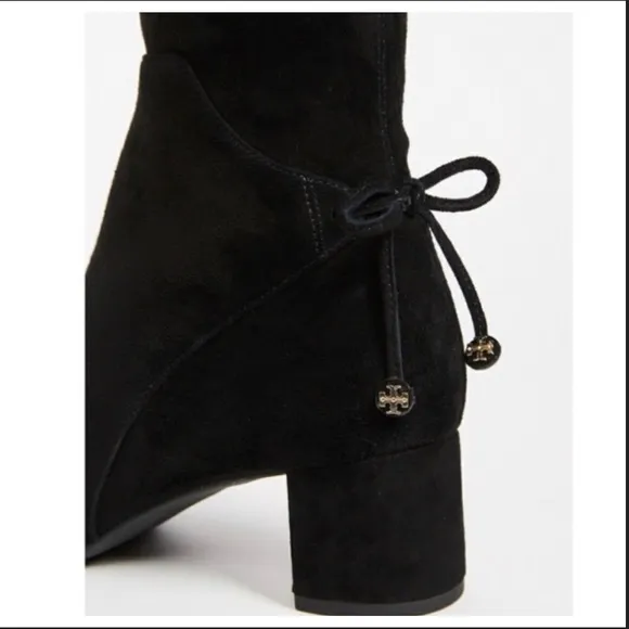 Tory Burch Black Laila Suede Bow Gold Reva Zip Over The Knee Boots