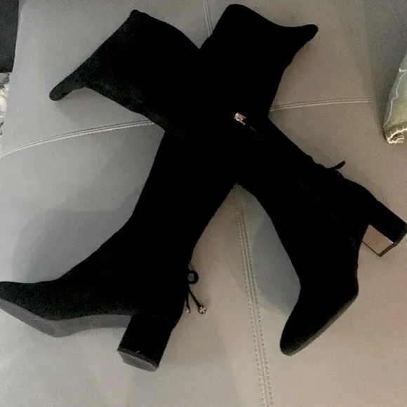 Tory Burch Black Laila Suede Bow Gold Reva Zip Over The Knee Boots