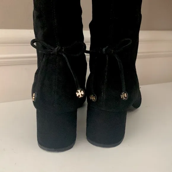 Tory Burch Black Laila Suede Bow Gold Reva Zip Over The Knee Boots
