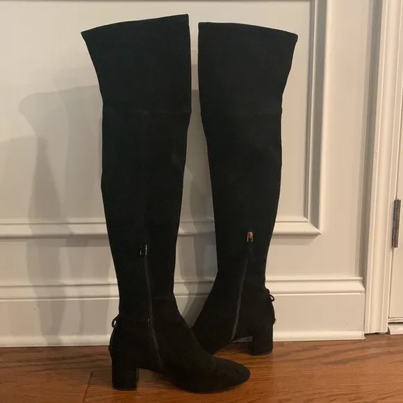 Tory Burch Black Laila Suede Bow Gold Reva Zip Over The Knee Boots