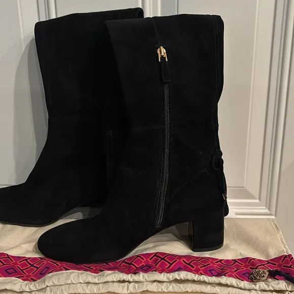Tory Burch Black Laila Suede Bow Gold Reva Zip Over The Knee Boots