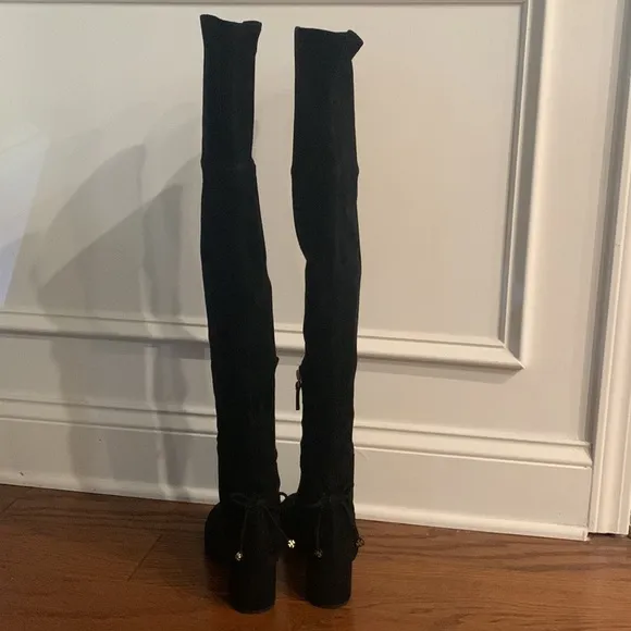 Tory Burch Black Laila Suede Bow Gold Reva Zip Over The Knee Boots