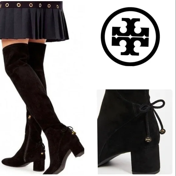 Tory Burch Black Laila Suede Bow Gold Reva Zip Over The Knee Boots