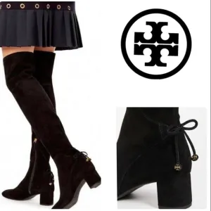 Tory Burch Black Laila Suede Bow Gold Reva Zip Over The Knee Boots