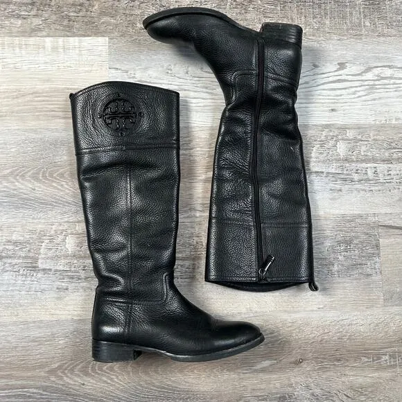 Tory Burch Black Leather Riding Boots Logo Knee High Size 6