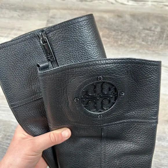 Tory Burch Black Leather Riding Boots Logo Knee High Size 6
