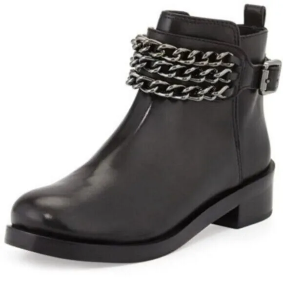 Tory Burch Bloomfield Chain Leather Ankle Bootie Black Leather Size 8.5 Moto