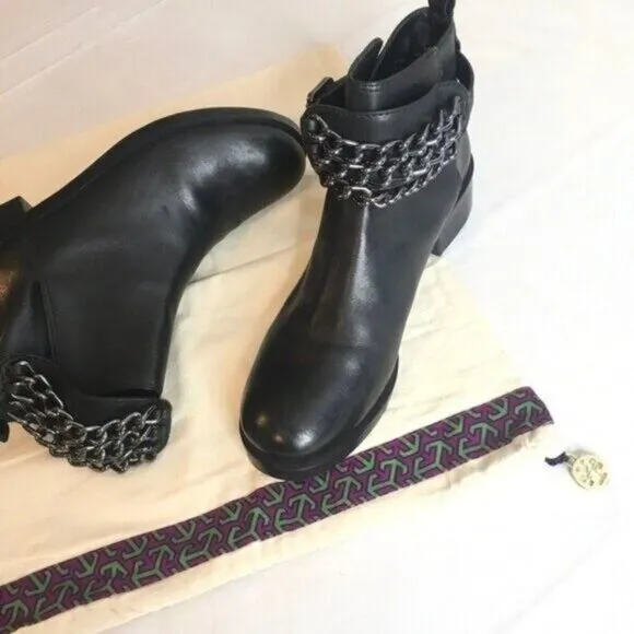 Tory Burch Bloomfield Chain Leather Ankle Bootie Black Leather Size 8.5 Moto