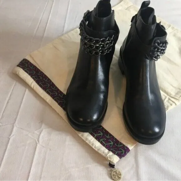 Tory Burch Bloomfield Chain Leather Ankle Bootie Black Leather Size 8.5 Moto