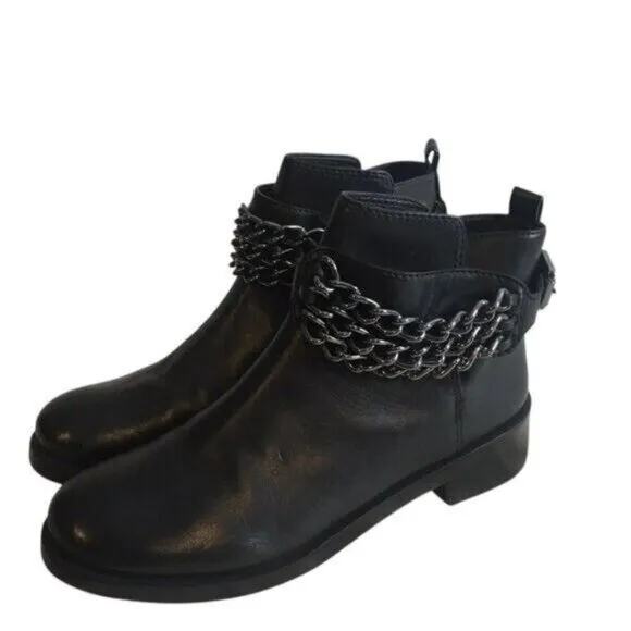 Tory Burch Bloomfield Chain Leather Ankle Bootie Black Leather Size 8.5 Moto