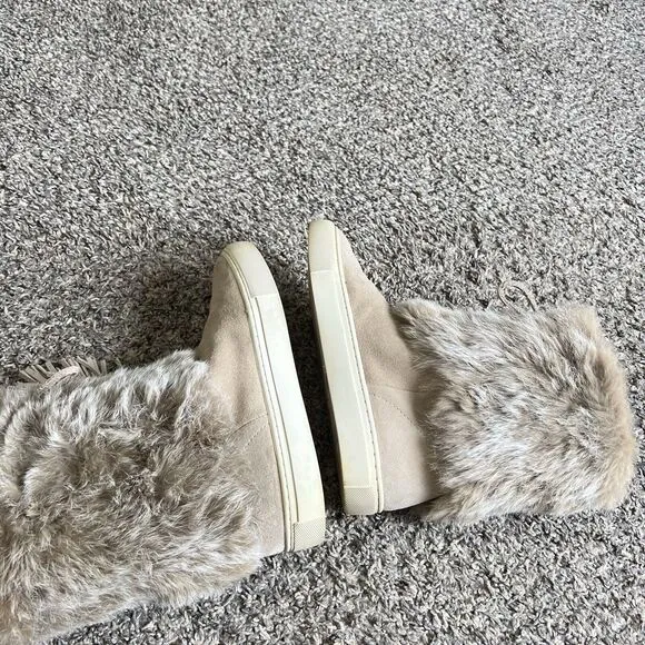 Tory Burch Boots Angelica Suede Rabbit Fur Size 6 Beige Tassel Pull On