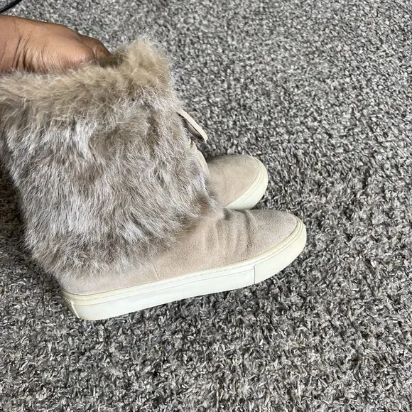 Tory Burch Boots Angelica Suede Rabbit Fur Size 6 Beige Tassel Pull On