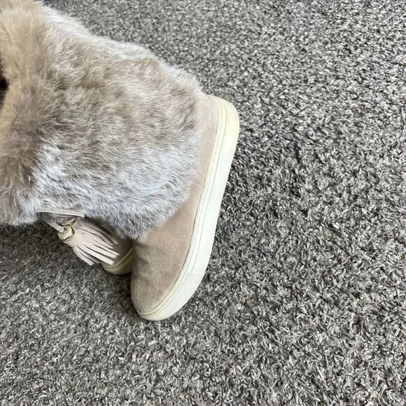 Tory Burch Boots Angelica Suede Rabbit Fur Size 6 Beige Tassel Pull On