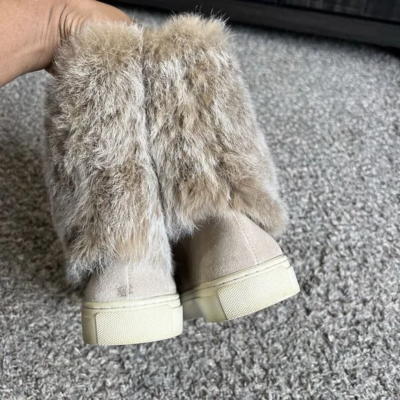 Tory Burch Boots Angelica Suede Rabbit Fur Size 6 Beige Tassel Pull On