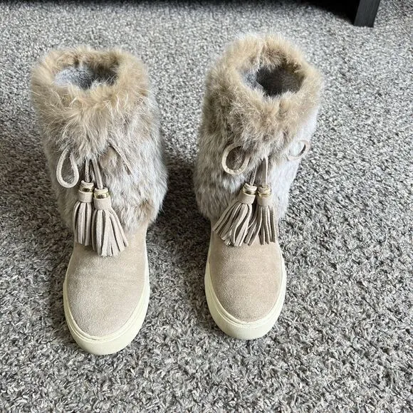 Tory Burch Boots Angelica Suede Rabbit Fur Size 6 Beige Tassel Pull On