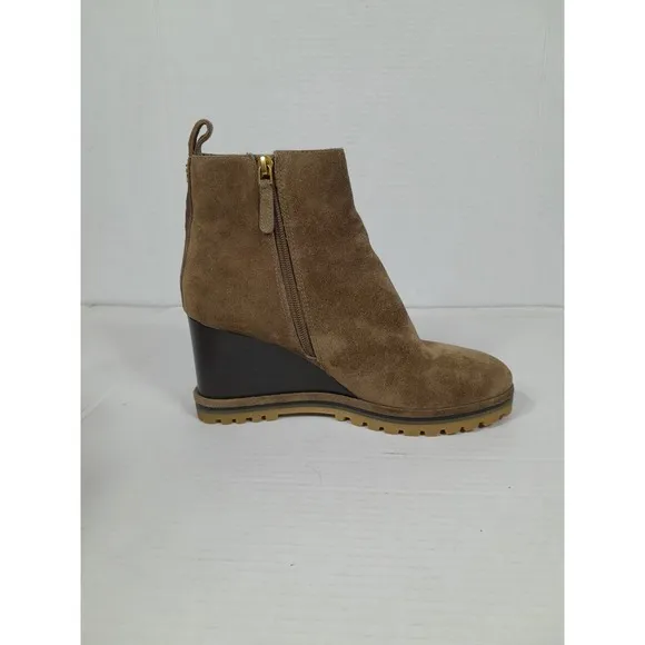 Tory Burch Brown Suede Zip Wedge Lug Chunky  Sole Ankle Boots Bootie Women 7.5