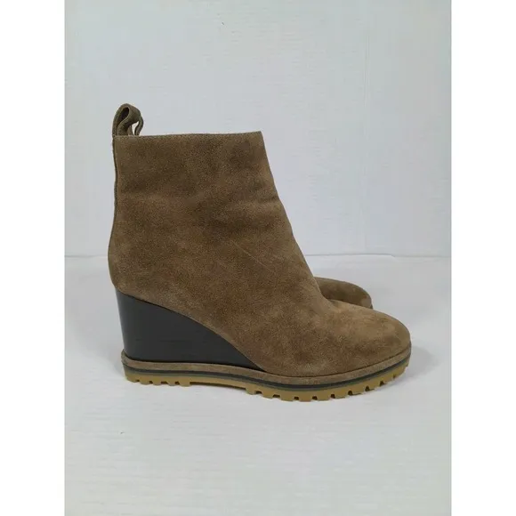 Tory Burch Brown Suede Zip Wedge Lug Chunky  Sole Ankle Boots Bootie Women 7.5