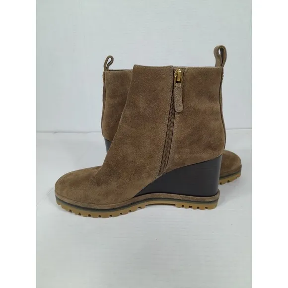 Tory Burch Brown Suede Zip Wedge Lug Chunky  Sole Ankle Boots Bootie Women 7.5