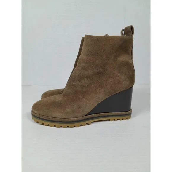 Tory Burch Brown Suede Zip Wedge Lug Chunky  Sole Ankle Boots Bootie Women 7.5