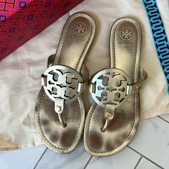 Tory Burch Gold Metallic‎ Miller Sandals. GUC. Size 8. With dust bag.