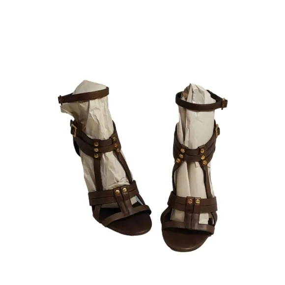 Tory BURCH LA JOLLA STRAPPY BROWN &amp; GOLD STILETTO SANDALS SIZE 8.5M
