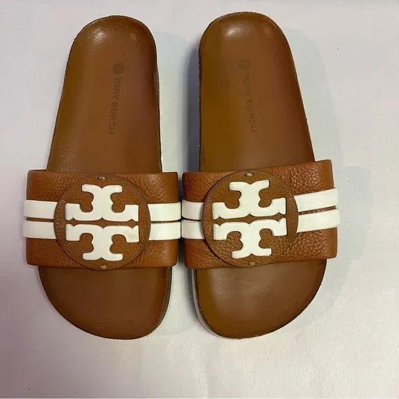 Tory Burch Leigh Anatomic Slide in Amber &amp; New Ivory Size 6