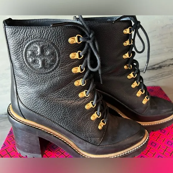 Tory Burch Miller 90mm Log Sole Black Leather Ankle Boots 8.5