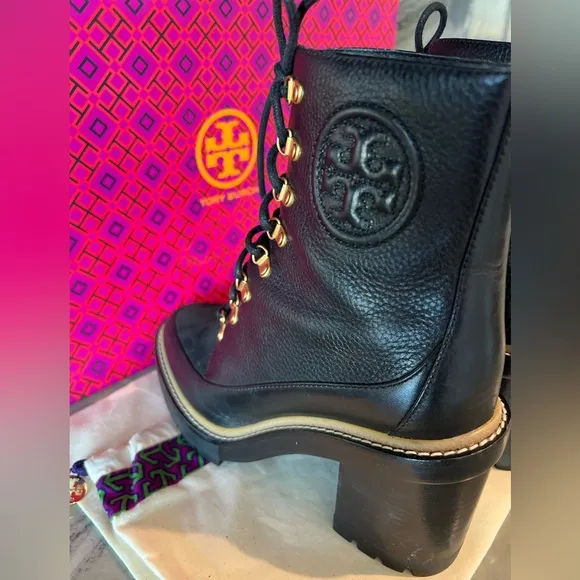 Tory Burch Miller 90mm Log Sole Black Leather Ankle Boots 8.5