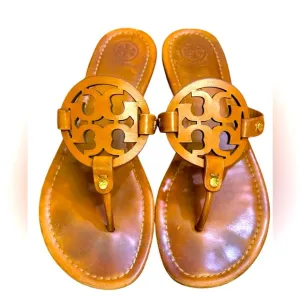 Tory Burch Miller Camel Brown Tan  Patent Leather Flat Sandal  Sz 9